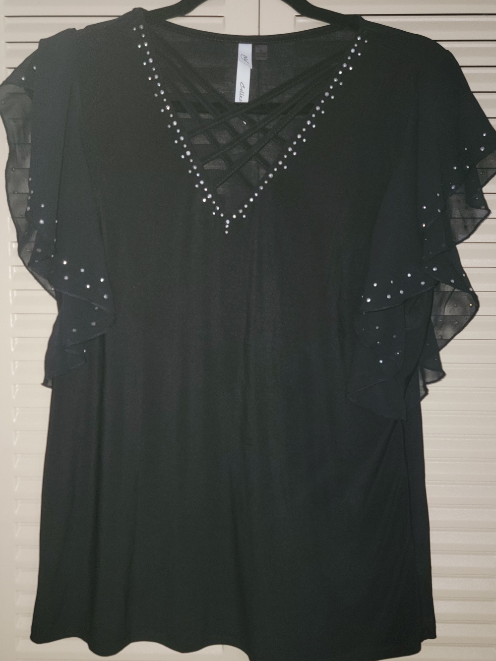 NY Collection Black V-Neck Flutter Sleeve Top with Rhinestones